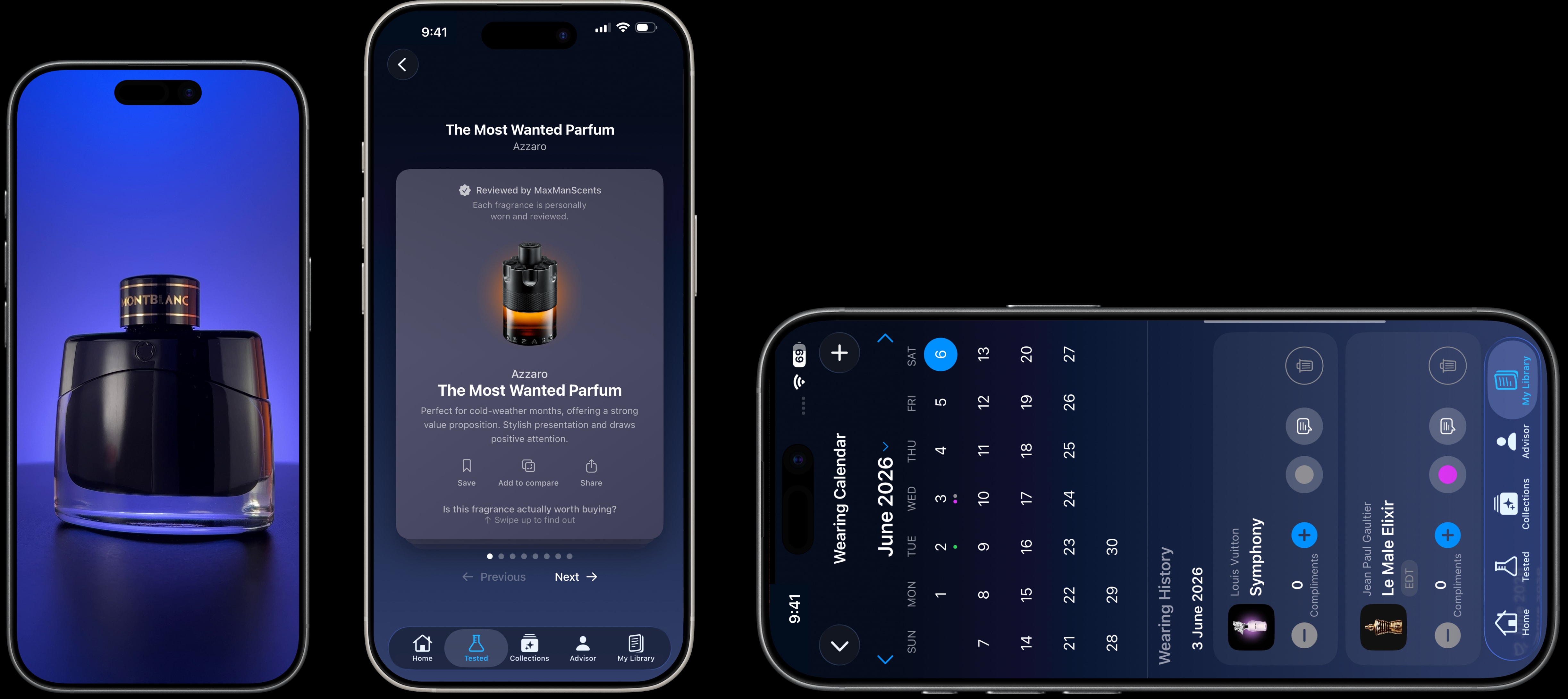 MaxManScents app showing fragrance reviews, ratings, and scent-note breakdowns