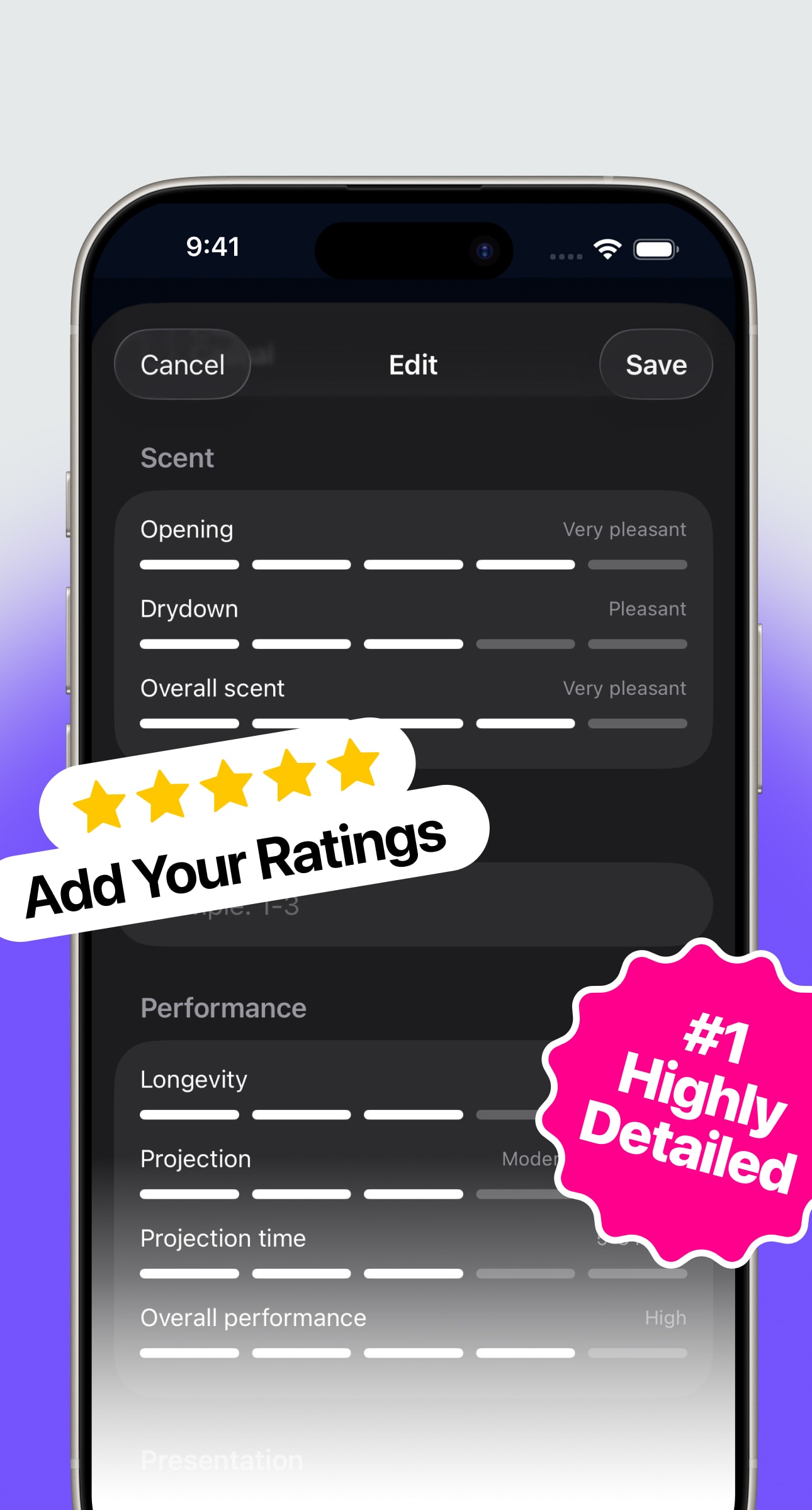 Adding details and ratings for a fragrance in the MaxManScents app
